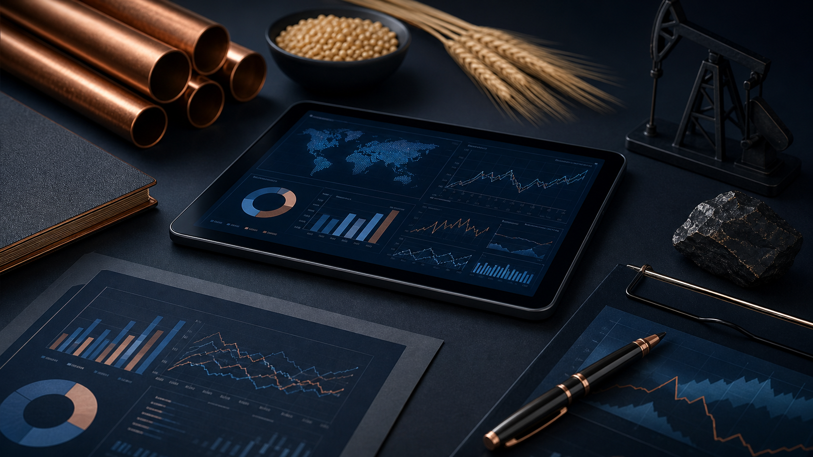 Commodity research table with portfolio charts and sector materials